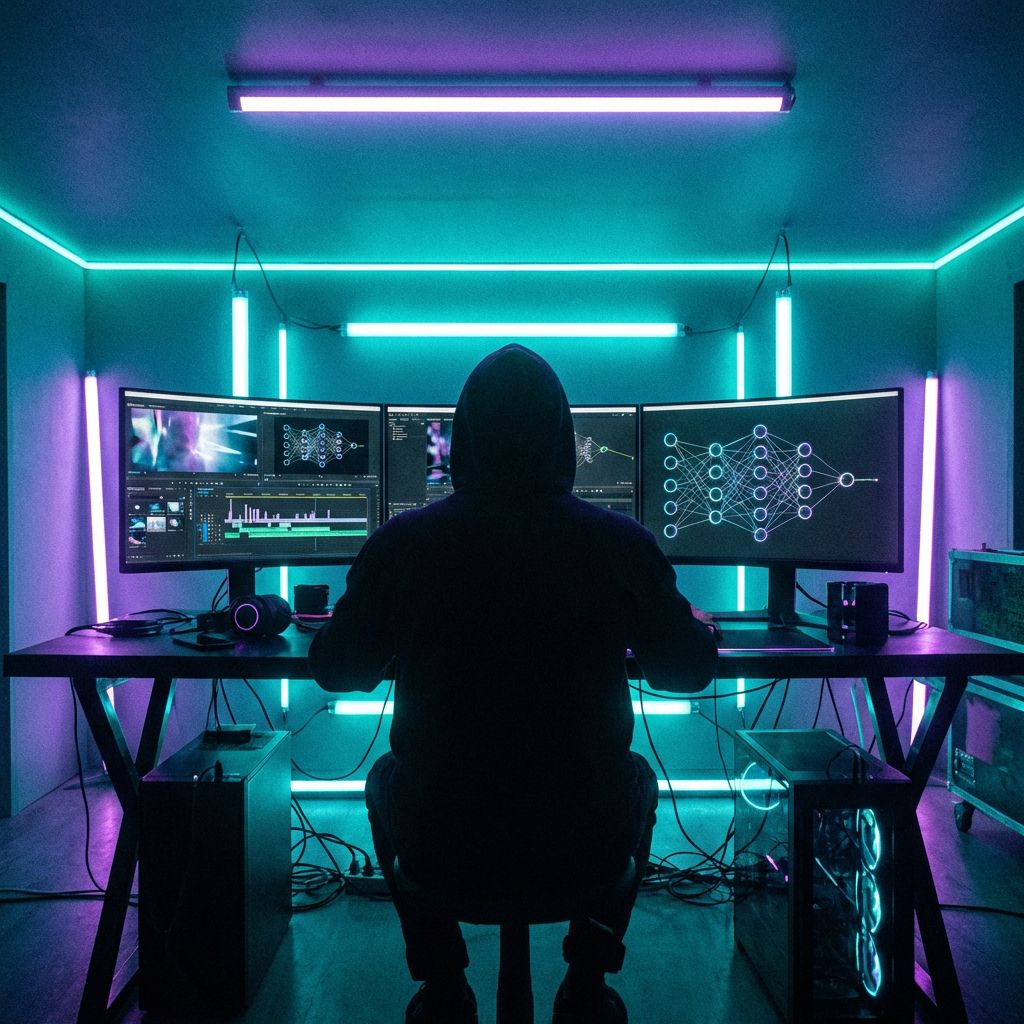 Futuristic creator workspace illustrating an ai prompt for creating viral videos on youtube with a faceless digital aesthetic.