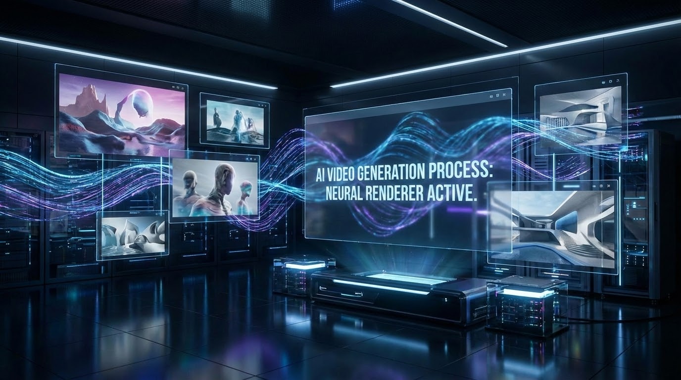 Futuristic visualization of Seedance 2.0 AI video generation technology with glowing data streams and holographic frames.