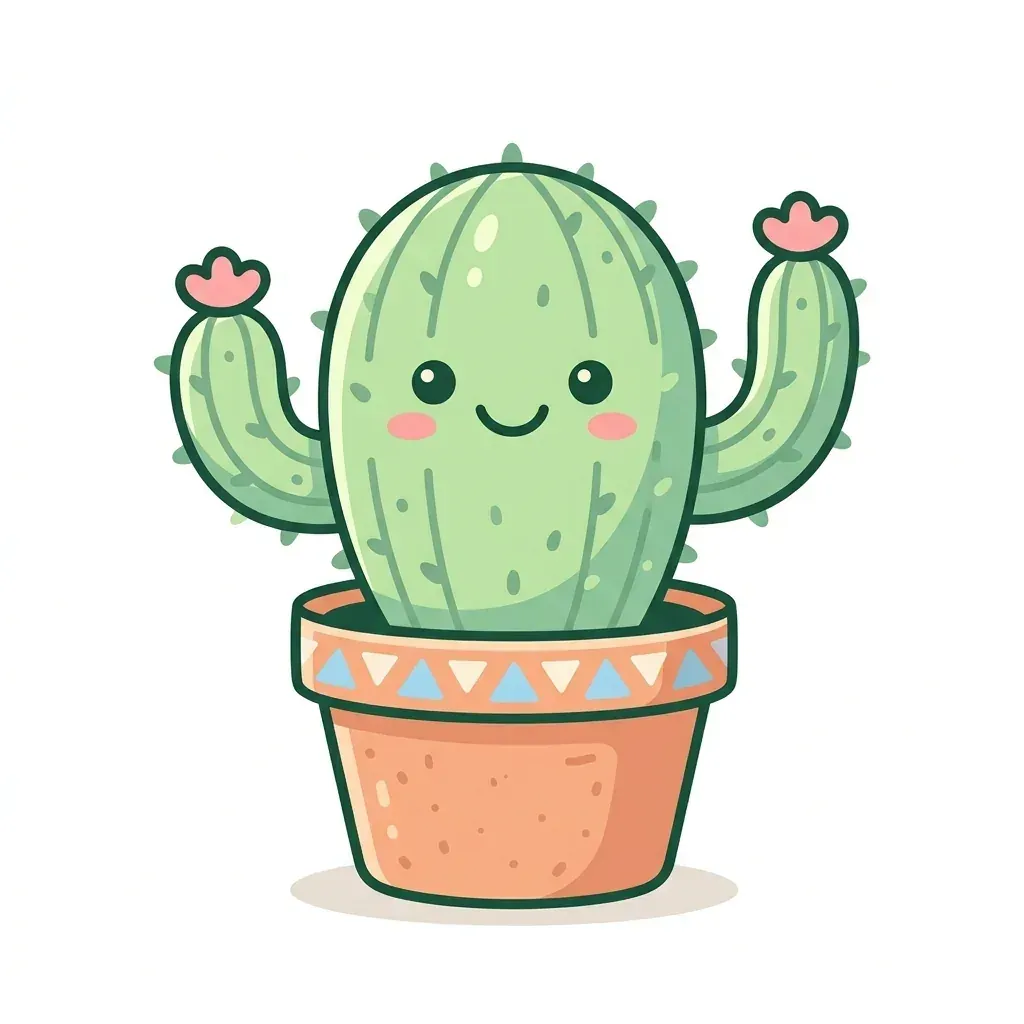 Flat vector clipart of a smiling pastel green cactus in a terracotta pot on a white background