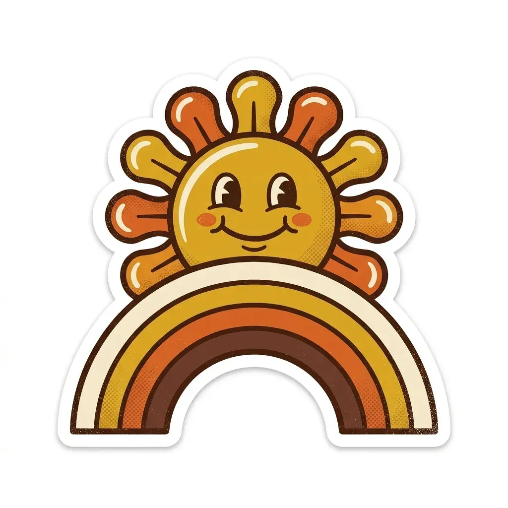 Retro 1970s clipart sticker of a smiling sun over a mustard, orange and brown rainbow