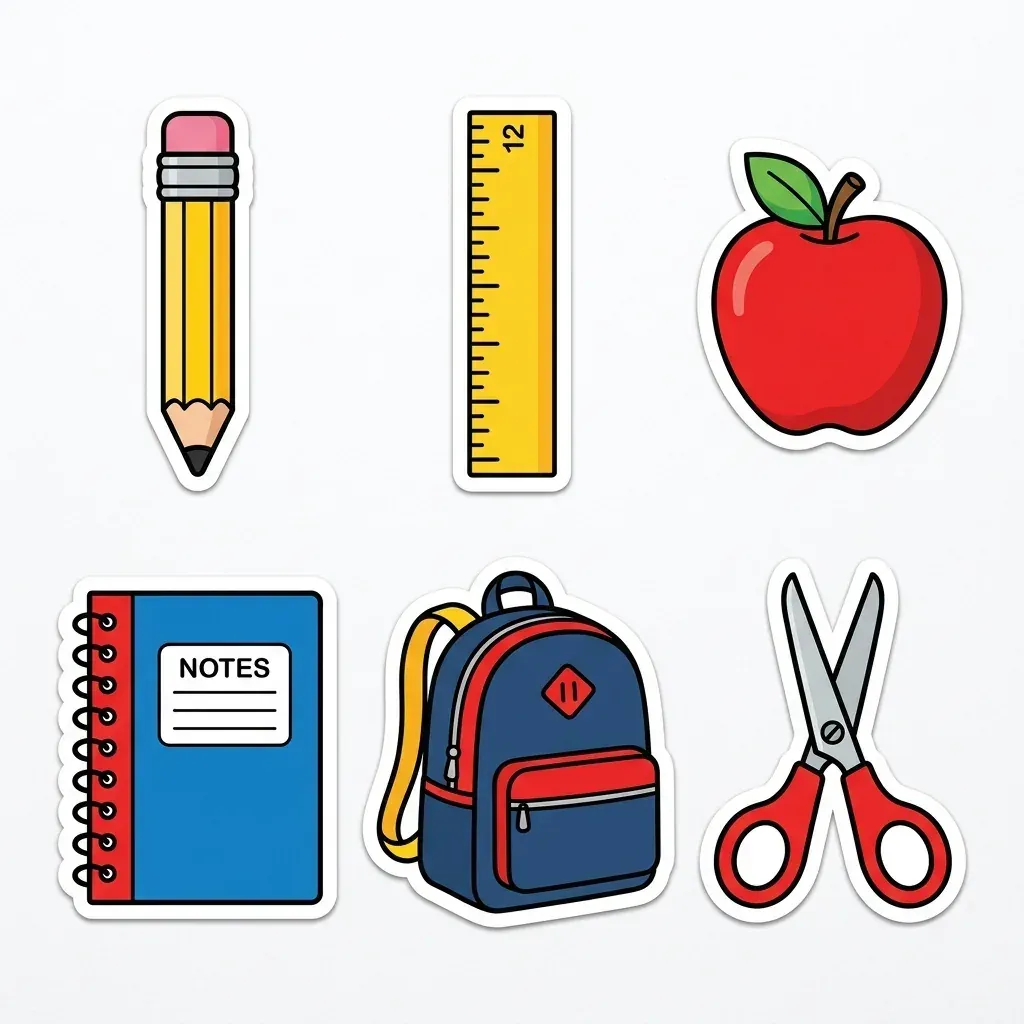 Sticker sheet of six back-to-school clipart items with white die-cut borders in a 3x2 grid