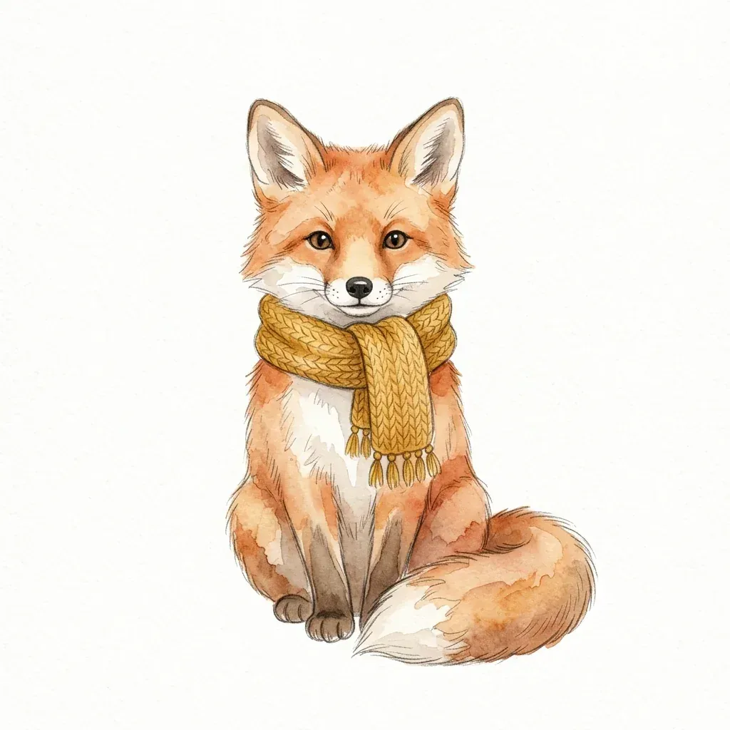 Watercolor clipart of a red fox sitting in a knitted mustard scarf on an off-white background