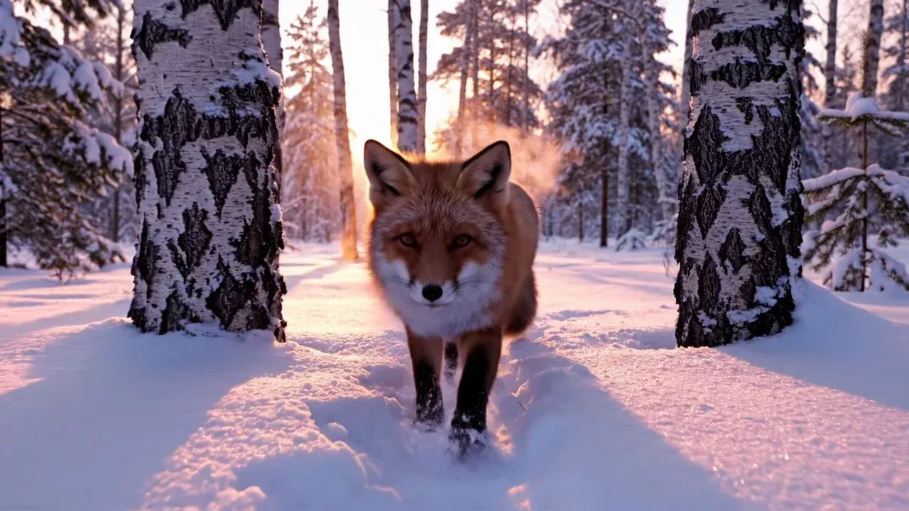 A red fox trotting through snow between birch trees at dawn, a Veo 3.1 Fast text-to-video clip made on Omnely