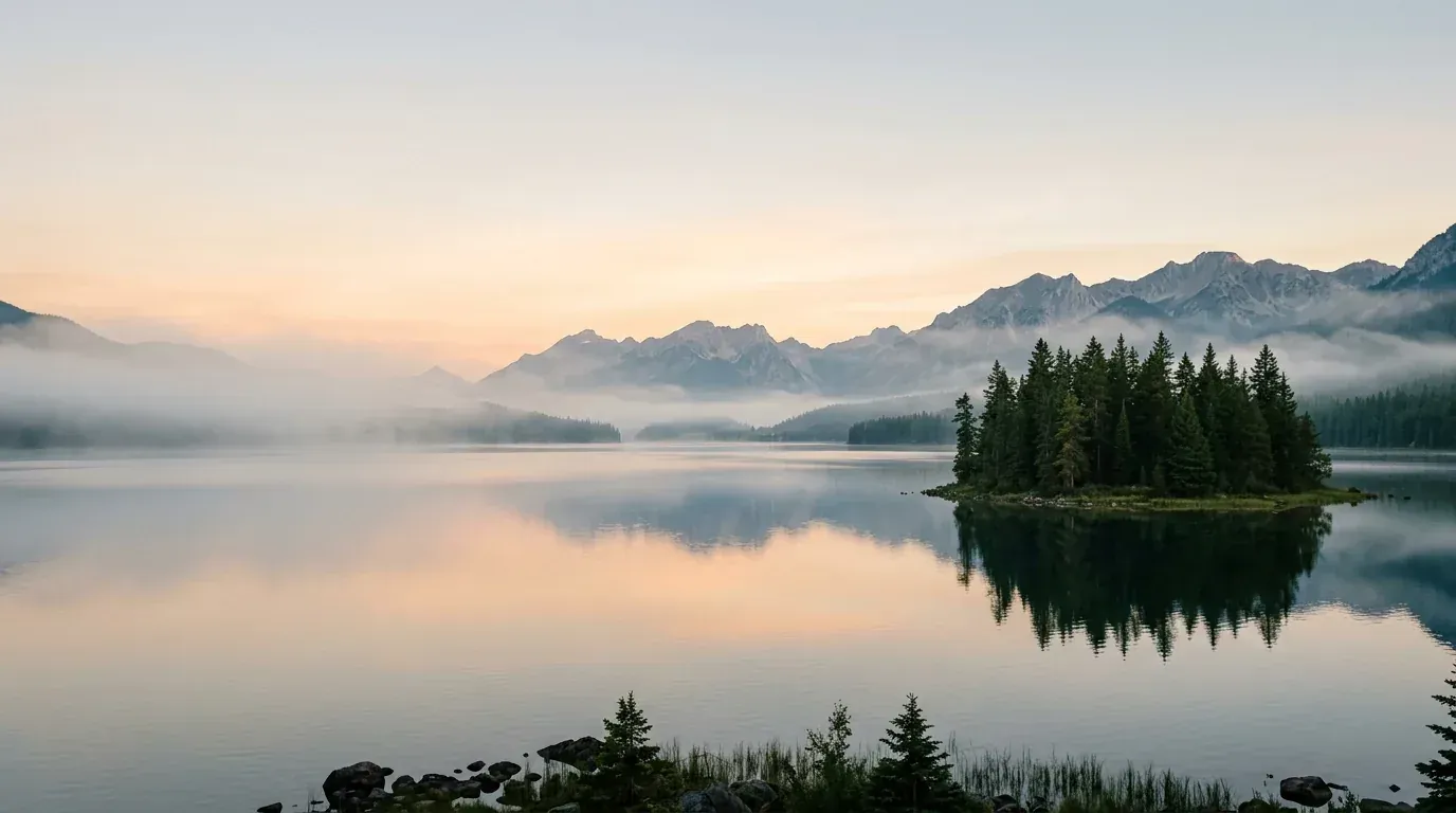 Wide desktop wallpaper of the misty lake with a pine island on the right and quiet mist on the left