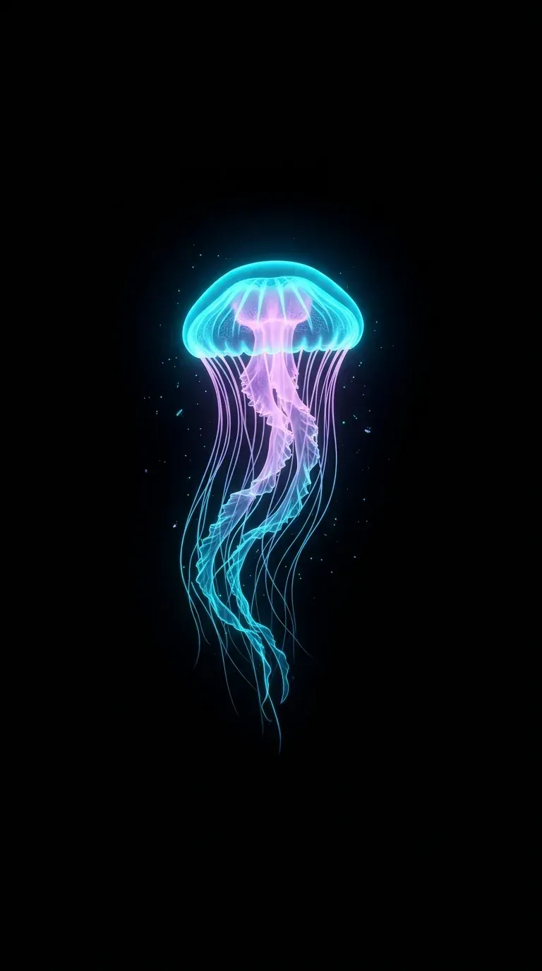 AMOLED phone wallpaper of a glowing cyan and magenta jellyfish on a true-black background