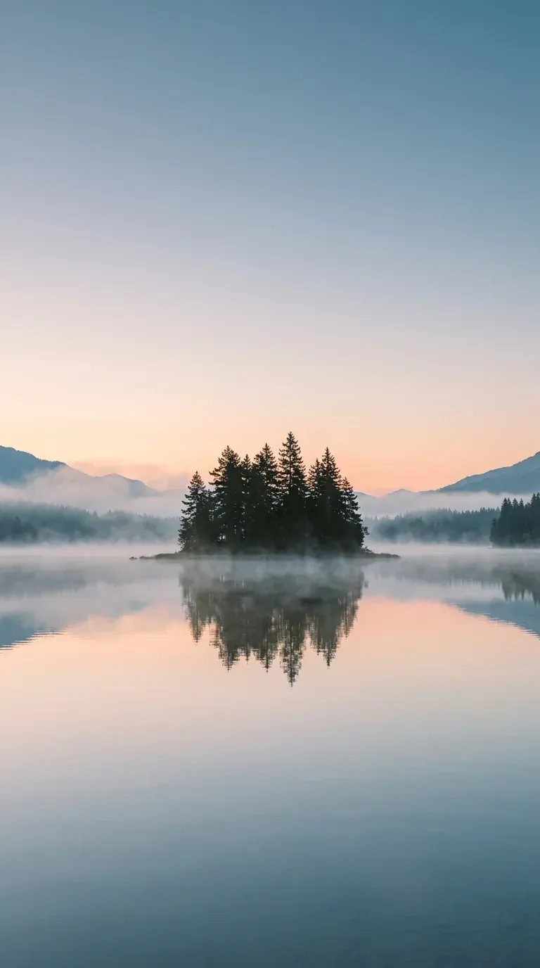 Vertical phone wallpaper of a misty alpine lake at sunrise with a pine island and clean sky above