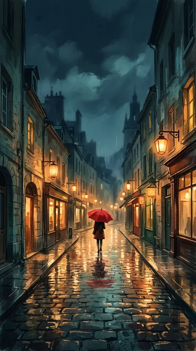 Illustrated phone wallpaper of a rainy cobblestone street at night with a red umbrella and warm lamps