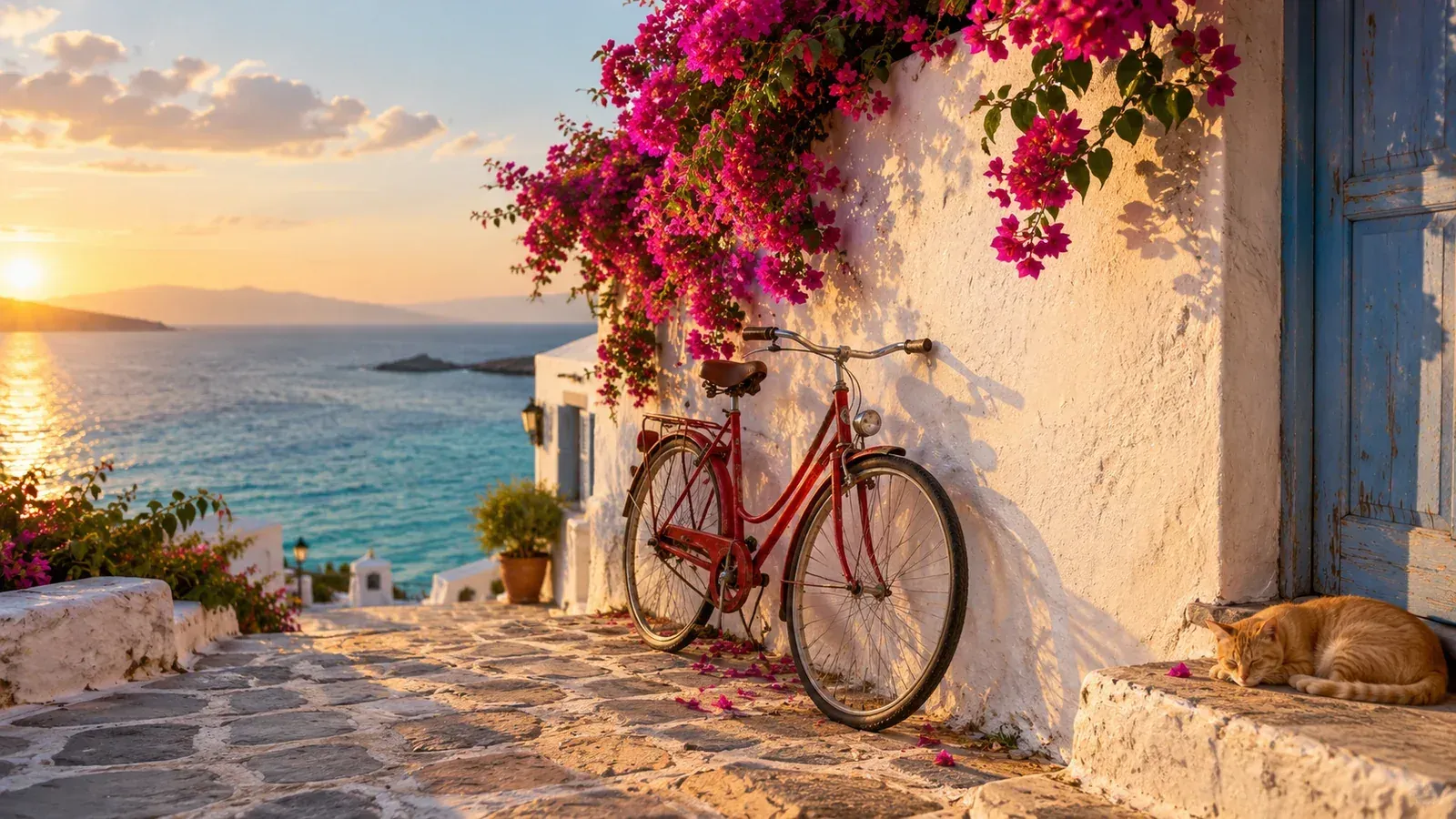 Red vintage bicycle against a whitewashed wall with bougainvillea, a sleeping ginger cat and the sea at golden hour