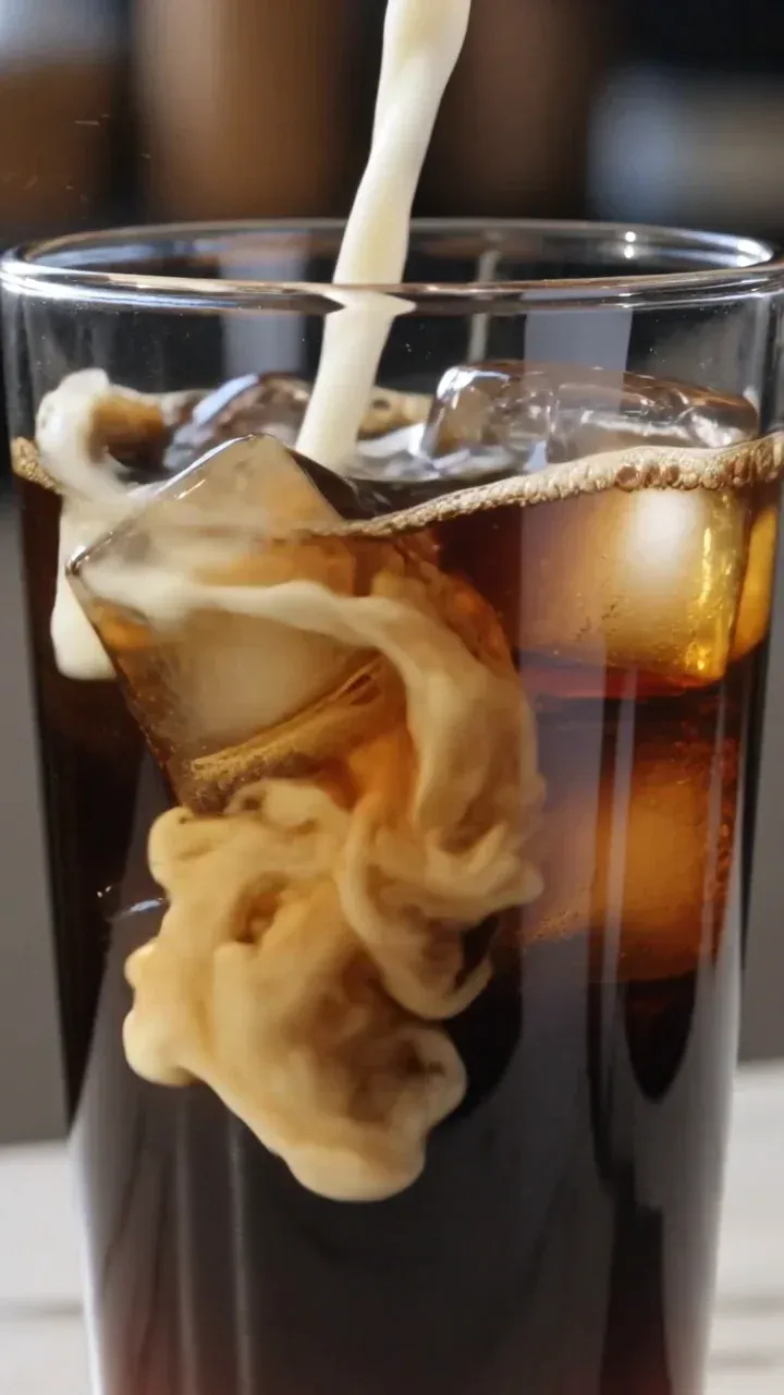 Frame from a Kling 3.0 clip of milk pouring into iced espresso