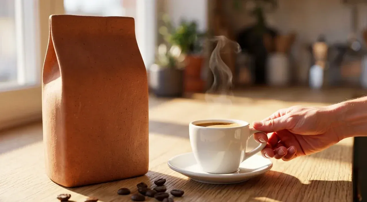 Video frame of a hand reaching for the espresso cup beside the terracotta coffee bag