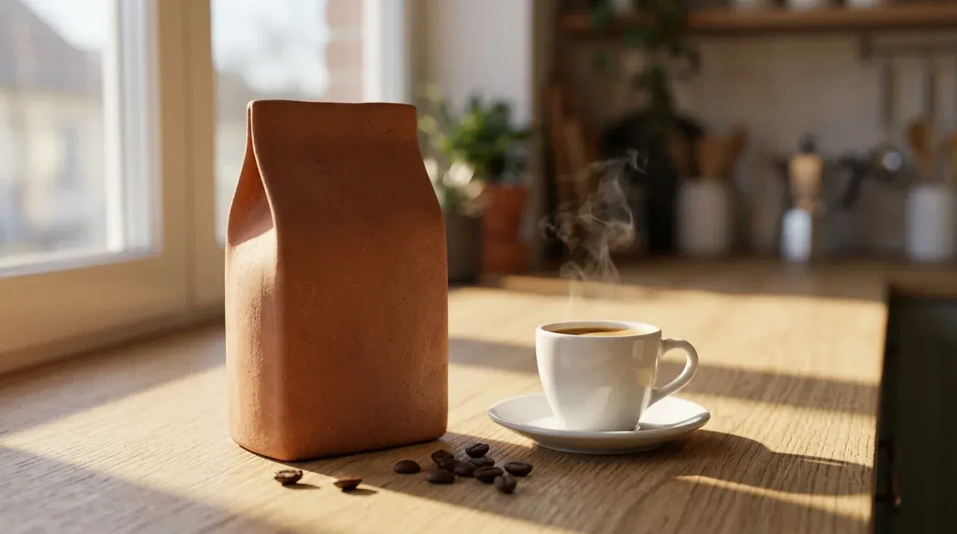 Terracotta coffee bag and steaming espresso cup on a sunlit oak counter, generated with Nano Banana 2.1