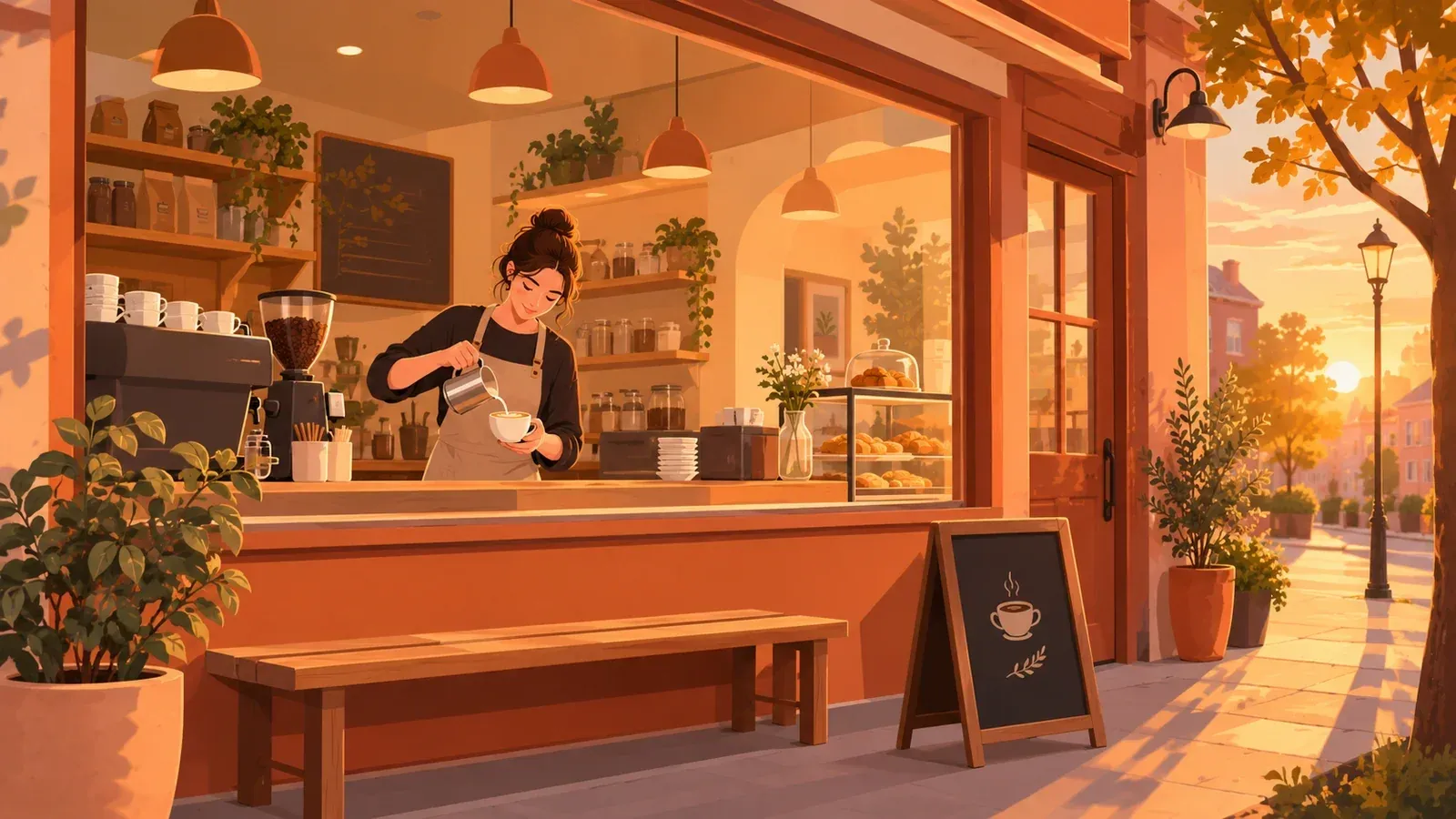 Flat illustration of a barista pouring latte art inside a coffee shop window at golden hour