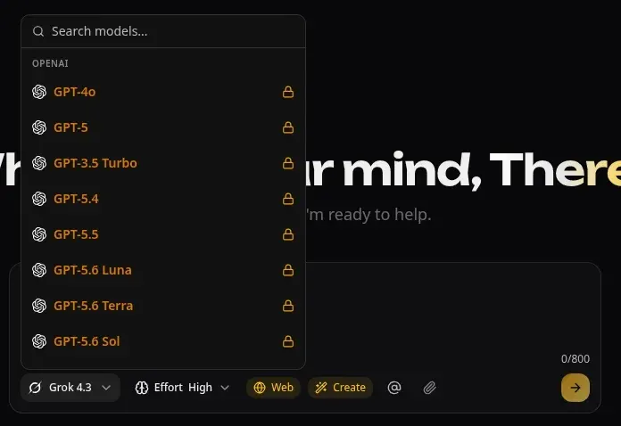 Omnely chat model picker open on the OpenAI group, with Grok 4.3, Effort and Web controls below