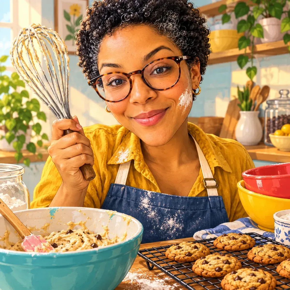 Hobby baker caricature of the same woman with whisk, flour on cheek, mixing bowls and cookies