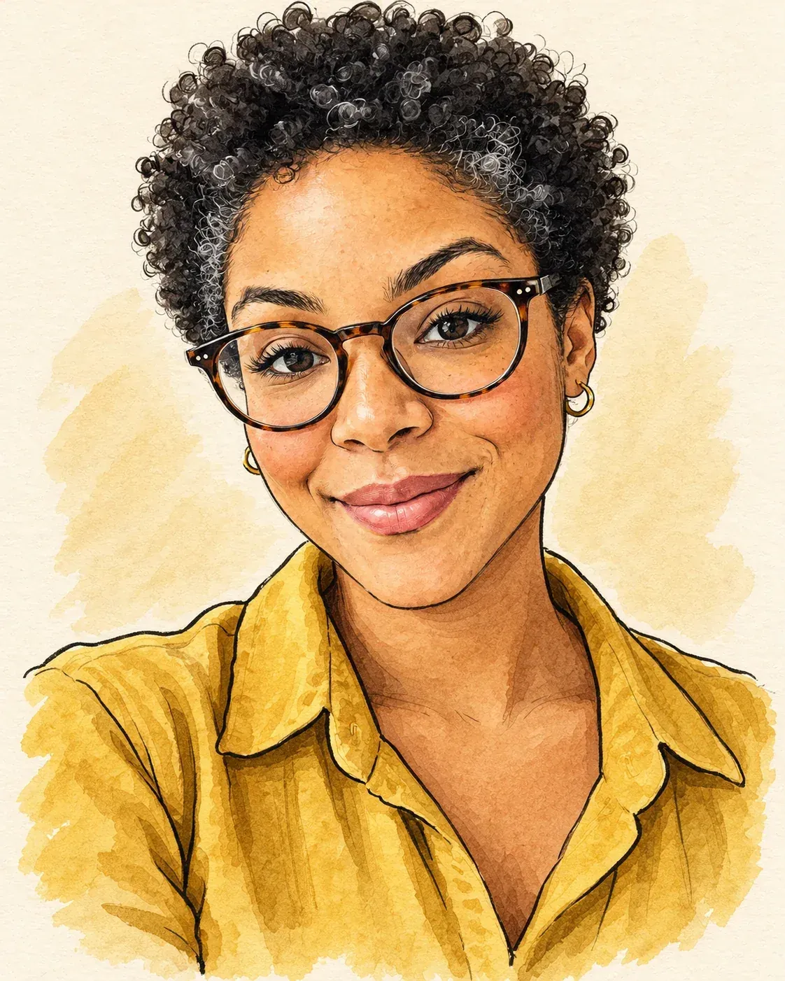 Editorial ink and watercolor caricature of the same woman on cream paper