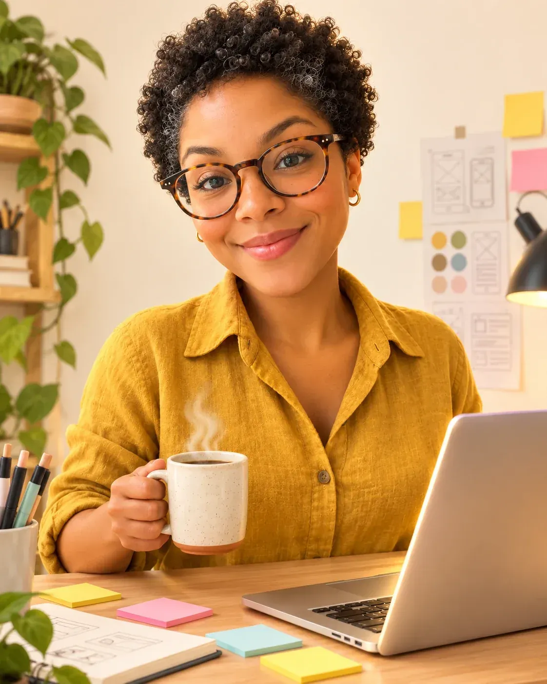 Product-designer caricature of the same woman at a standing desk with laptop, sticky notes and coffee