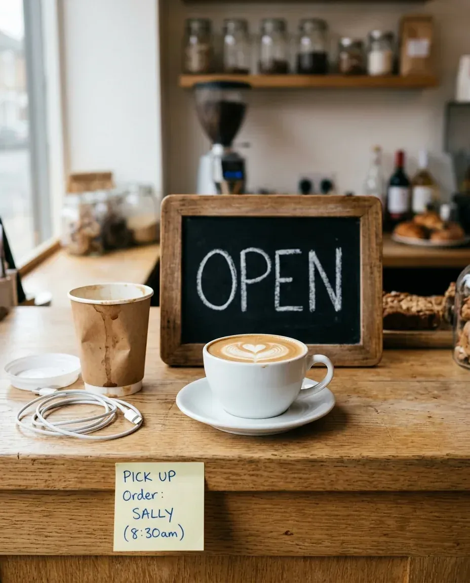 Café counter with a latte, an OPEN chalkboard sign, a paper cup, a charging cable and a sticky note