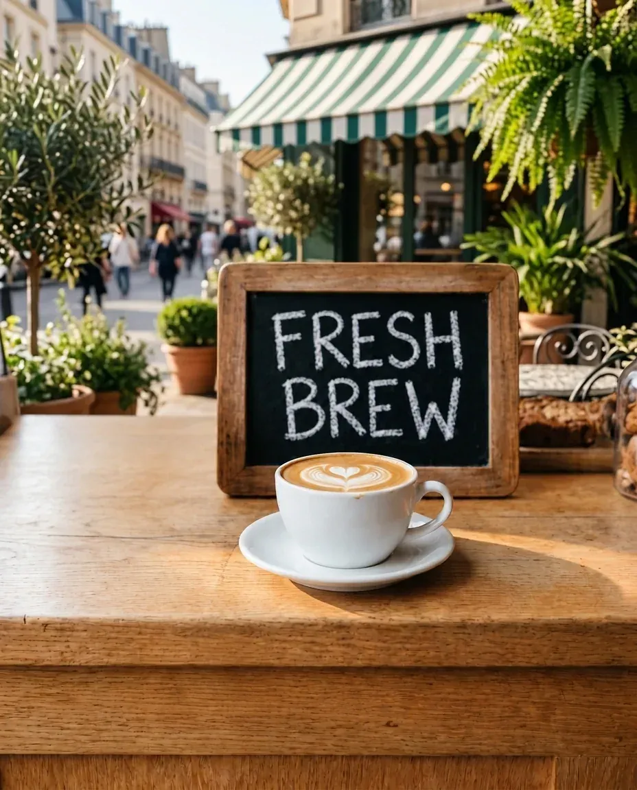 Latte and FRESH BREW sign on the oak counter, now on a sunny café terrace with a striped awning