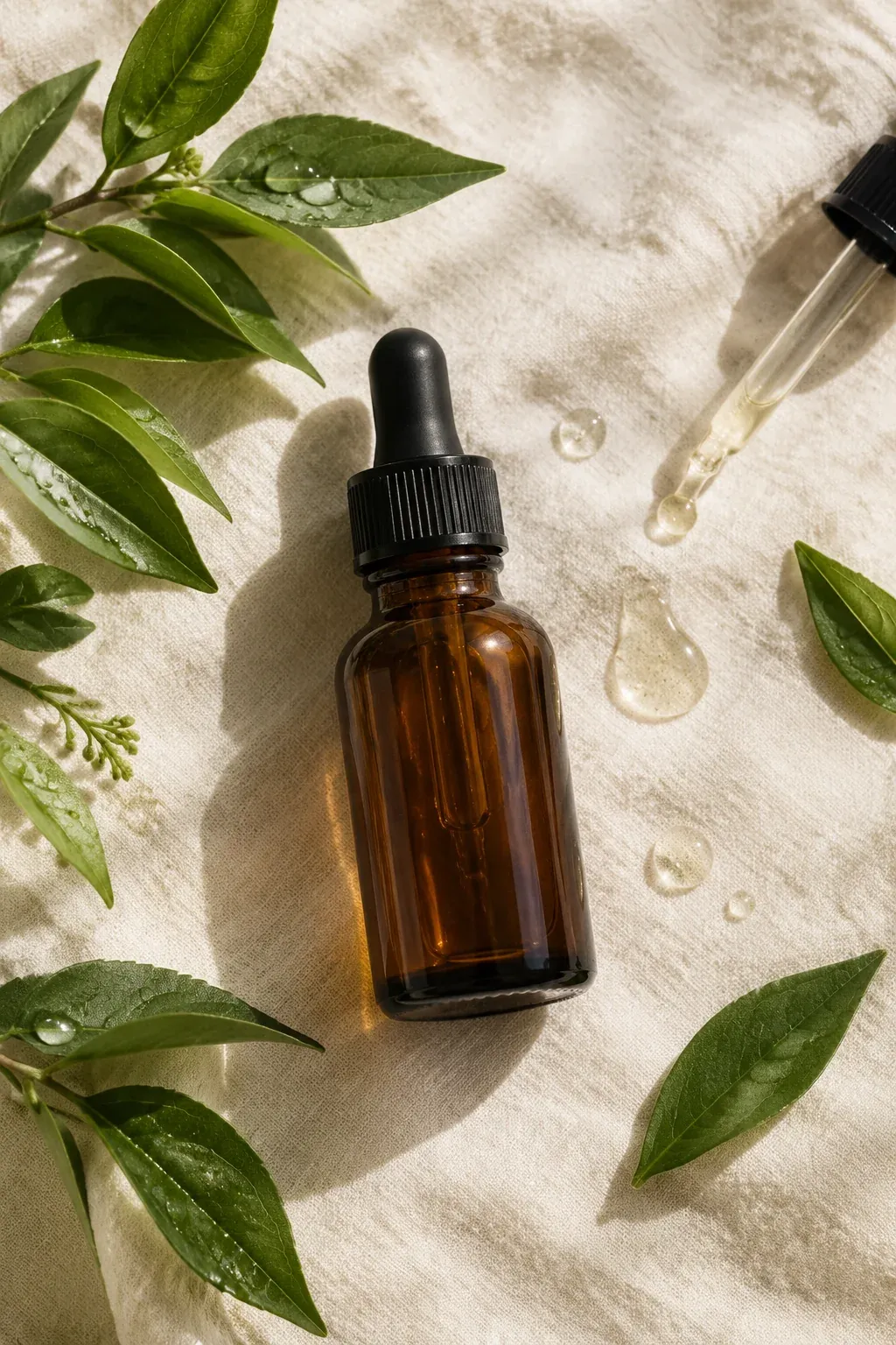 Prompt 4, skincare dropper bottle flat lay: real Omnely output from GPT Image 2.5 Flare at 1K