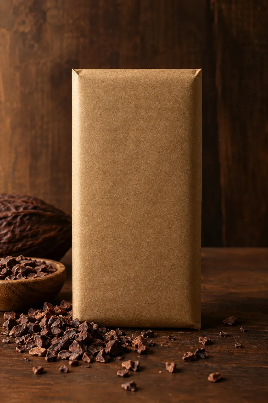 Prompt 6, craft chocolate bar packaging mockup: real Omnely output from GPT Image 2.5 Flare at 1K
