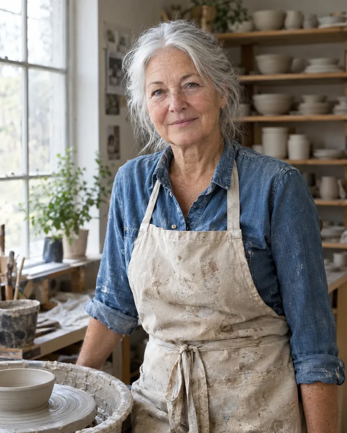 Silver-haired potter in a clay-dusted apron beside her wheel, soft window light, shelves of unglazed bowls behind