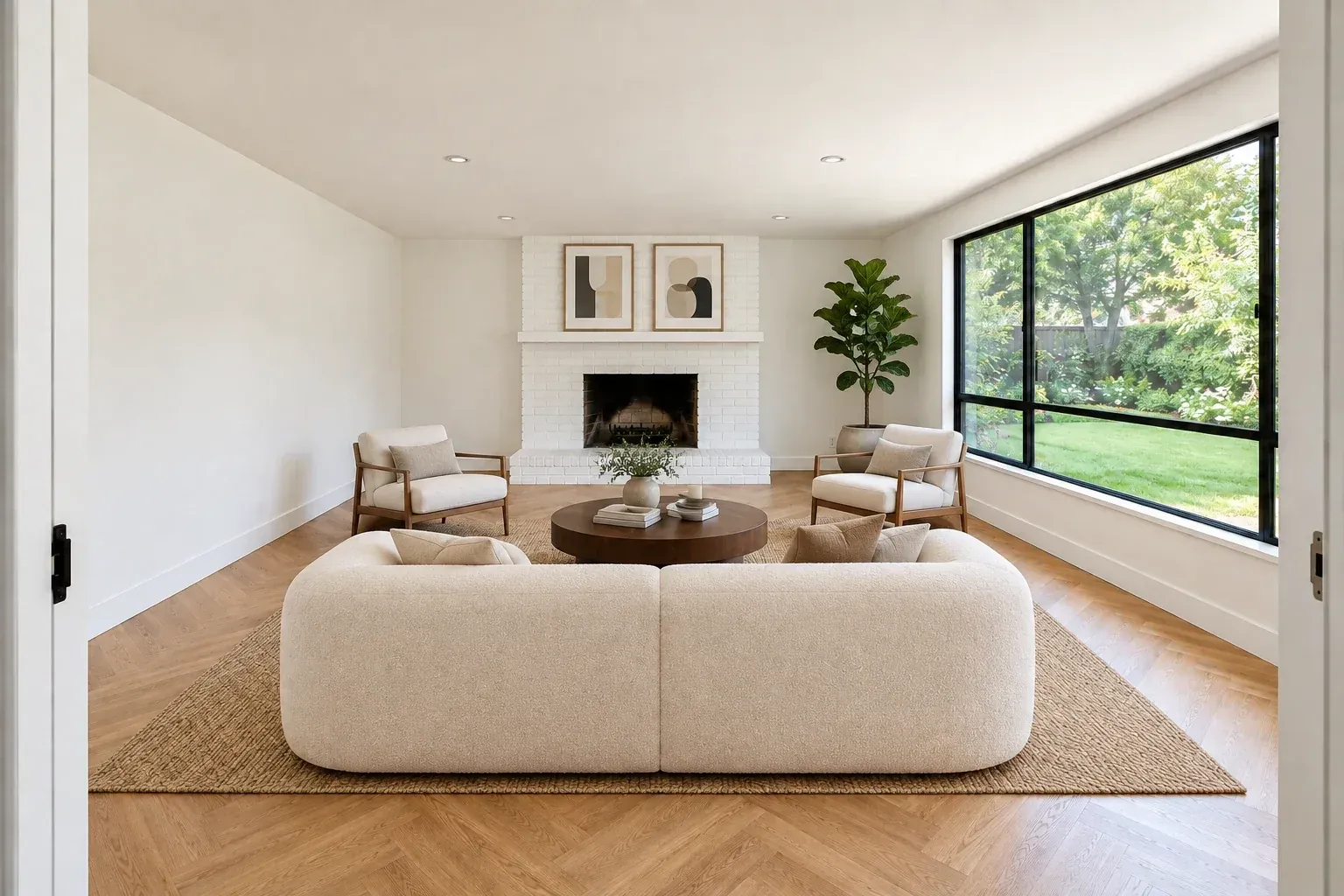 The same living room virtually staged with a cream bouclé sofa, walnut coffee table, jute rug and fiddle-leaf fig