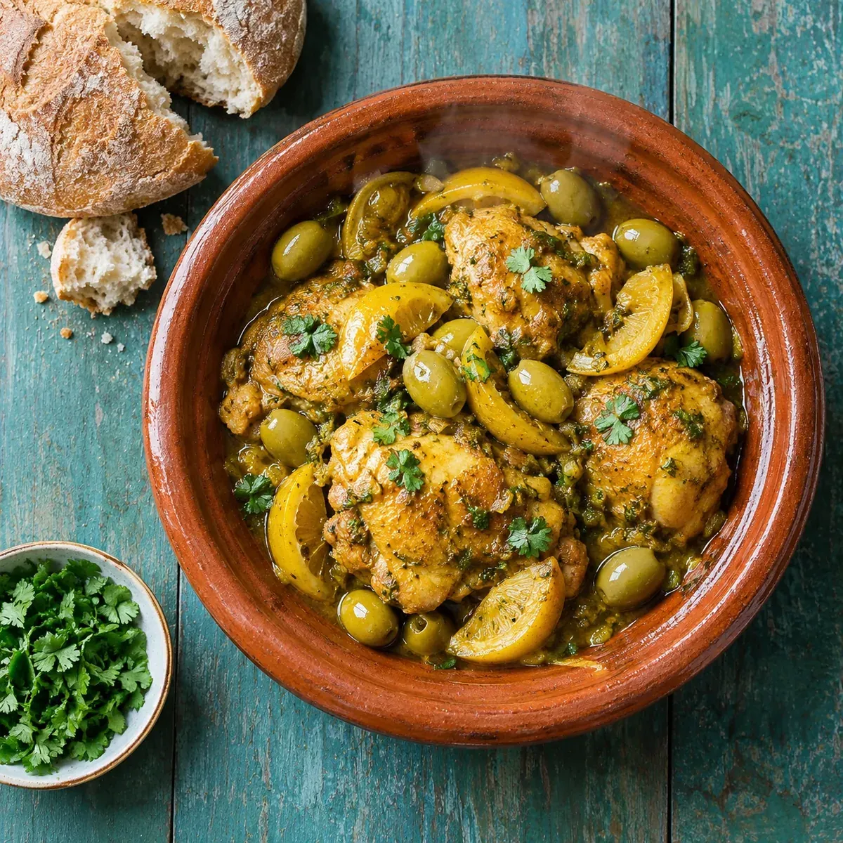 Overhead chicken tagine with preserved lemon and green olives in a terracotta dish on a teal wooden table