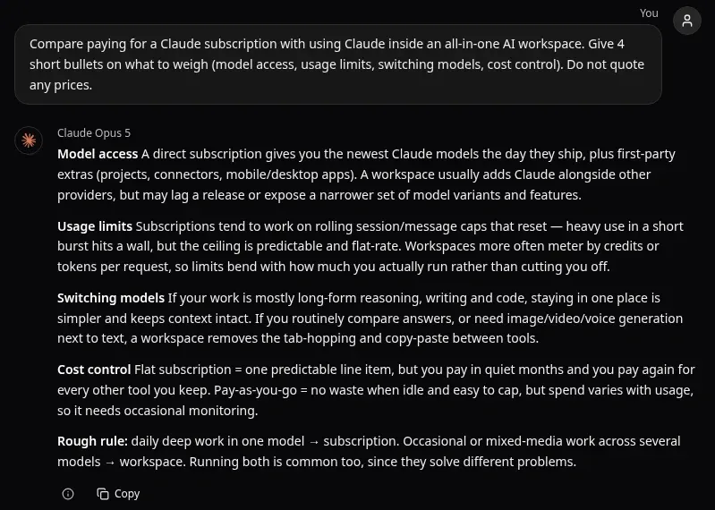 Claude Opus 5 answer in Omnely Chat comparing a Claude subscription with an all-in-one AI workspace