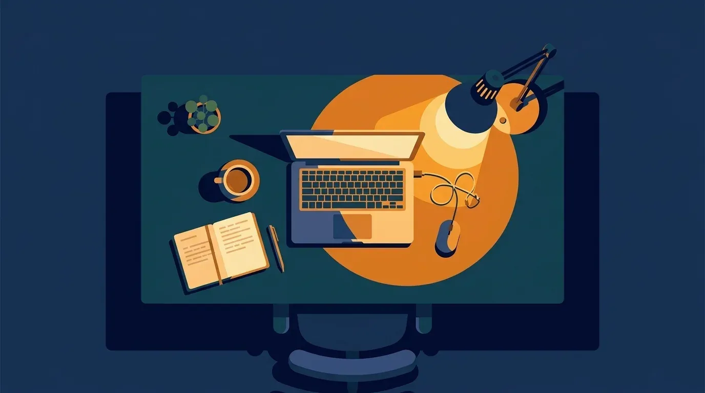 Flat vector illustration of a developer desk from above, generated with Nano Banana 2.1