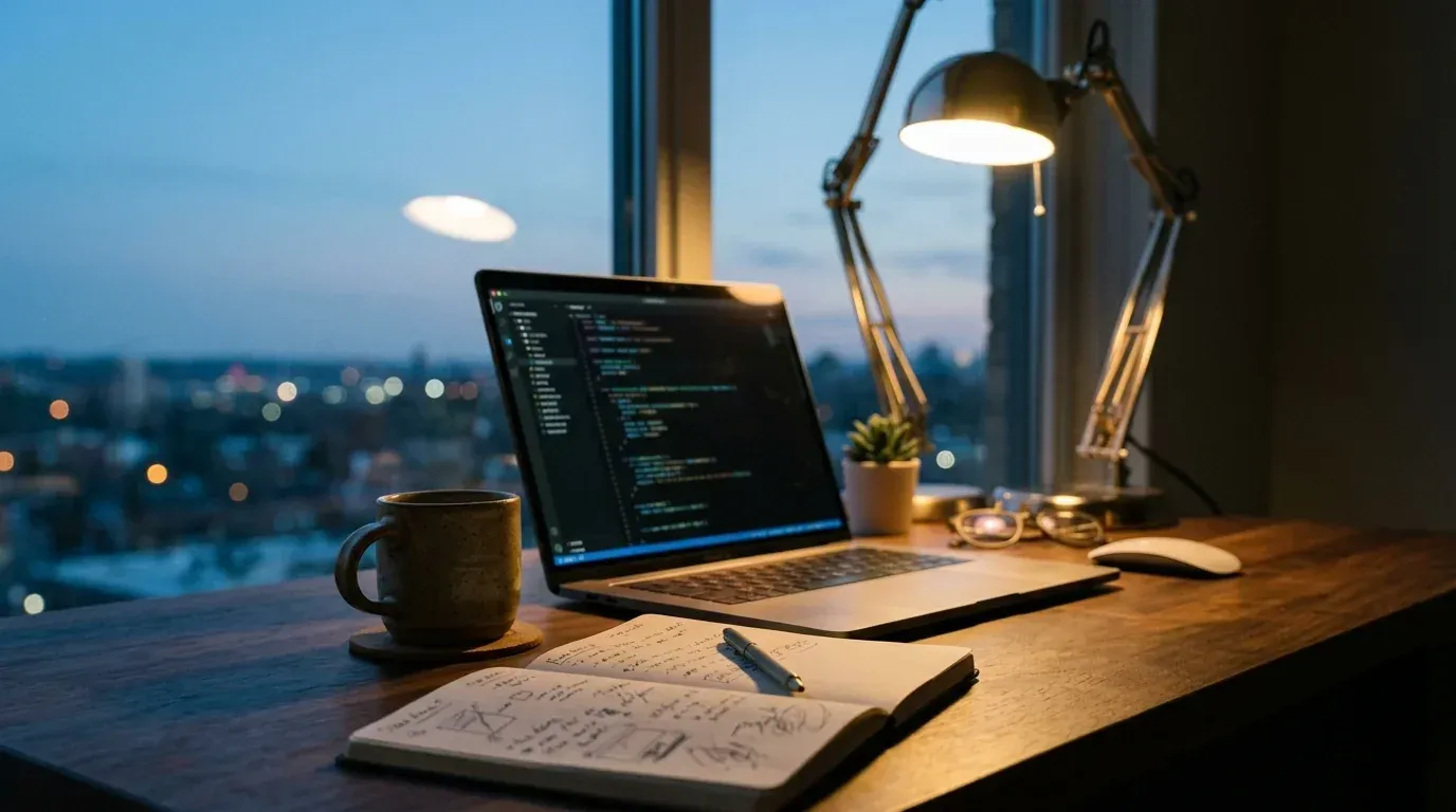 Developer desk at dusk with laptop, coffee and lamp, generated with Nano Banana 2.1
