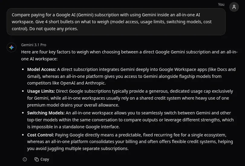 Gemini 3.1 Pro answer in Omnely Chat comparing a Google AI subscription with an all-in-one AI workspace