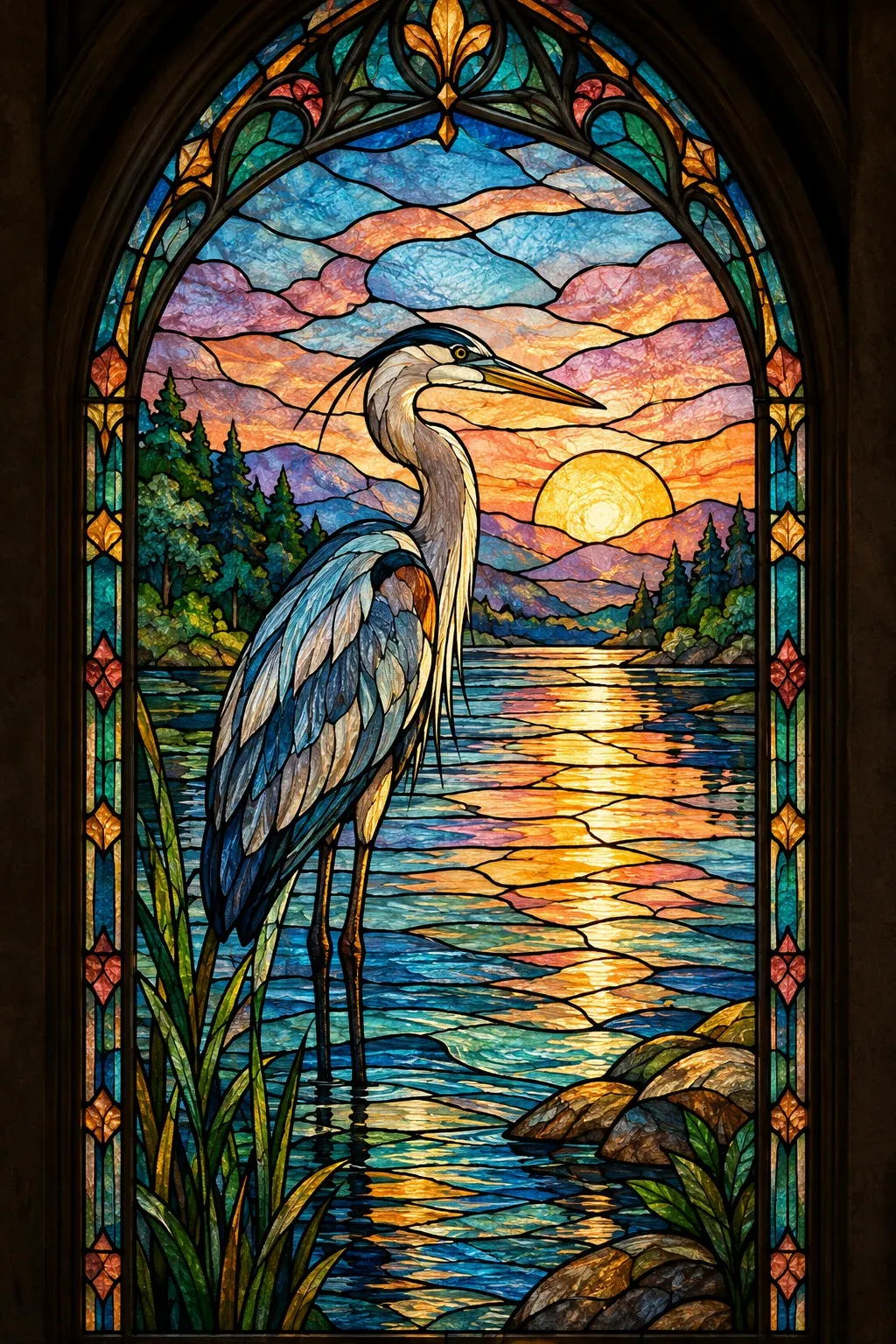 Prompt 2, stained-glass heron: real Omnely output from GPT Image 2 at 1K
