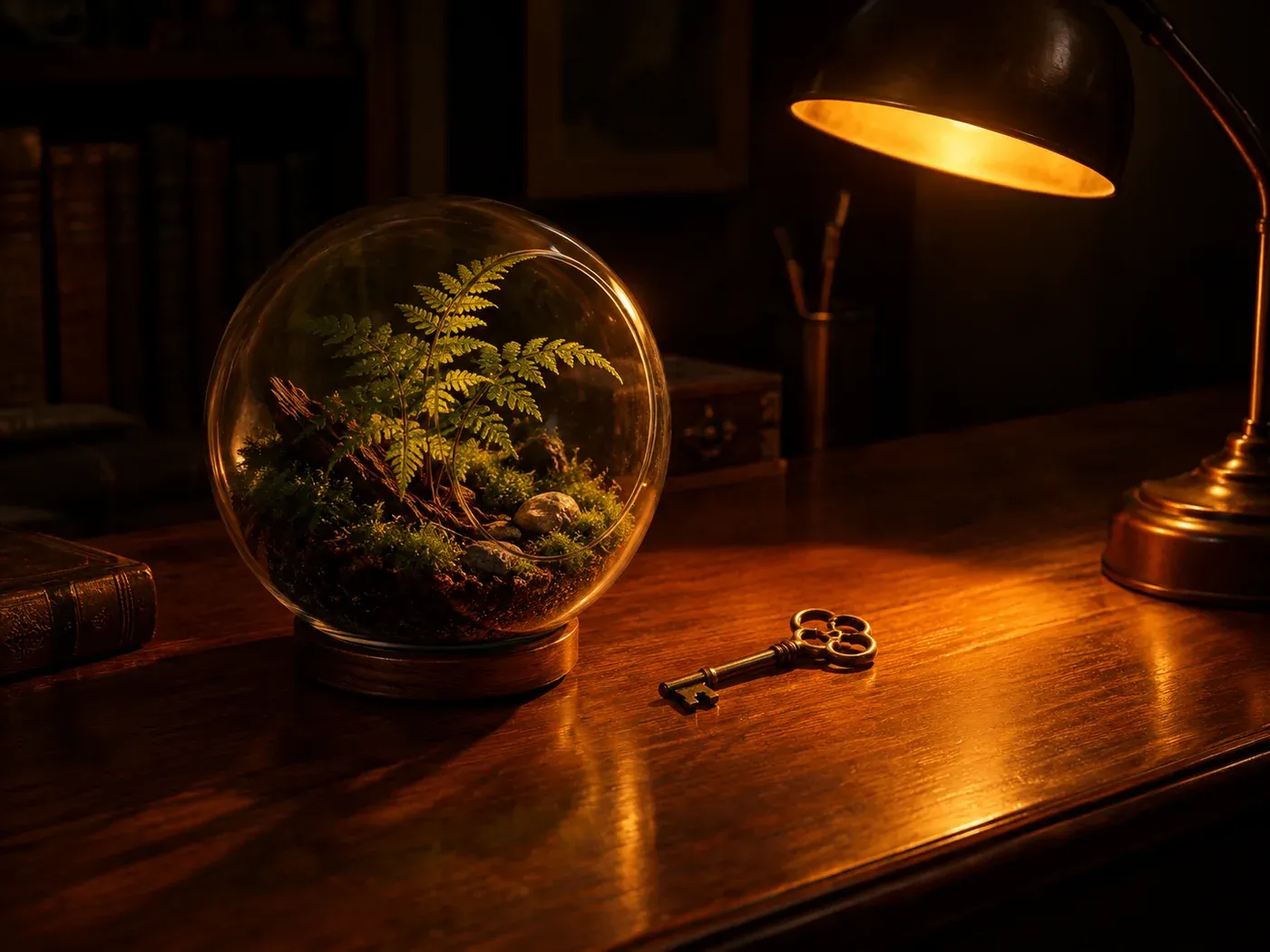 Terrarium in desk-lamp light, real Omnely output from GPT Image 2