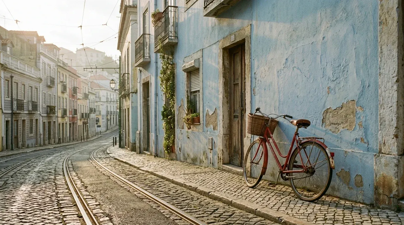 Red bicycle on a Lisbon street, generated with Nano Banana 2.1