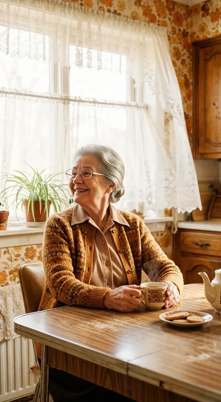 Grandmother laughing at the kitchen table beside lace curtains, frame from the animated photo made with Grok Imagine Video 1.5