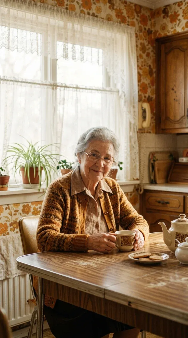 1970s-style film photo of a smiling grandmother at a sunny kitchen table with a cup of tea, made with Nano Banana 2.1