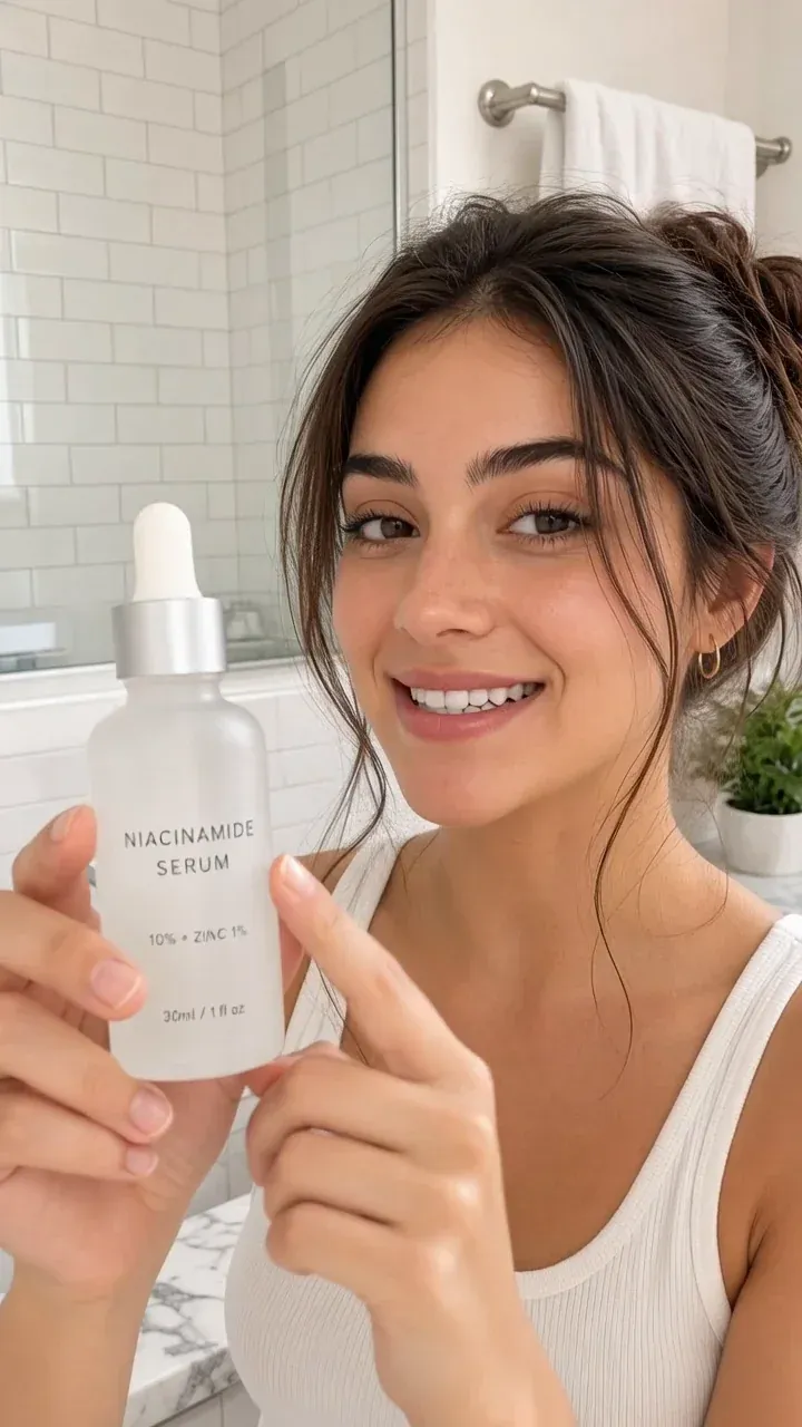 Woman holding a frosted glass serum bottle up to a phone camera in a bright bathroom, frame from a Grok Imagine Video 1.5 clip