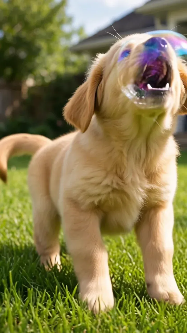 Golden retriever puppy on a sunny lawn as a soap bubble pops on its nose, frame from a Grok Imagine Video 1.5 clip