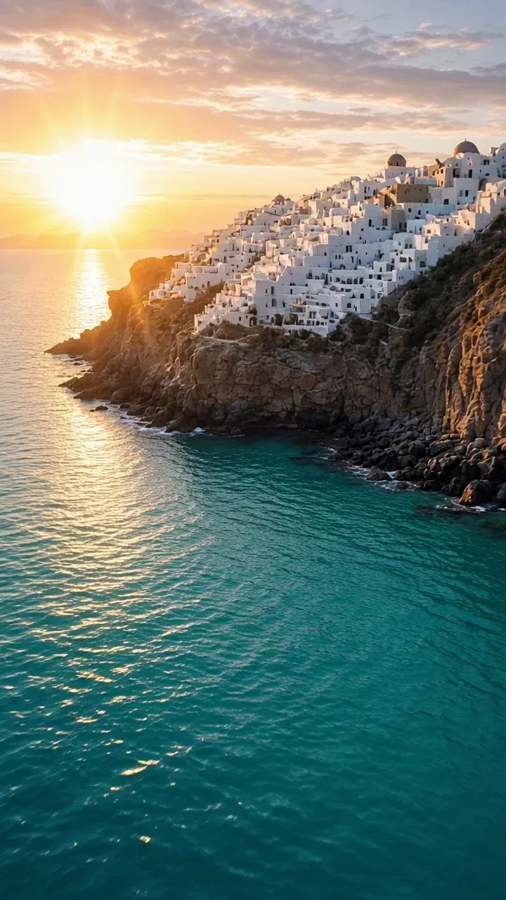 Turquoise sea and a white cliffside village at sunrise, frame from a Grok Imagine Video 1.5 travel reel