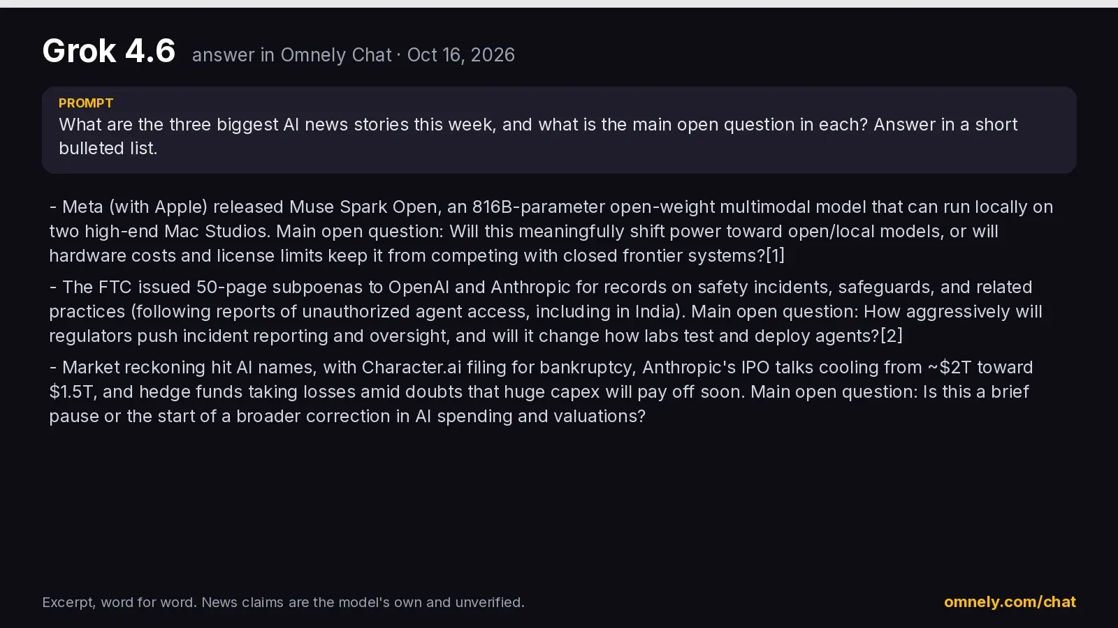 Grok 4.6 answer card in Omnely Chat: three AI news stories this week and an open question for each