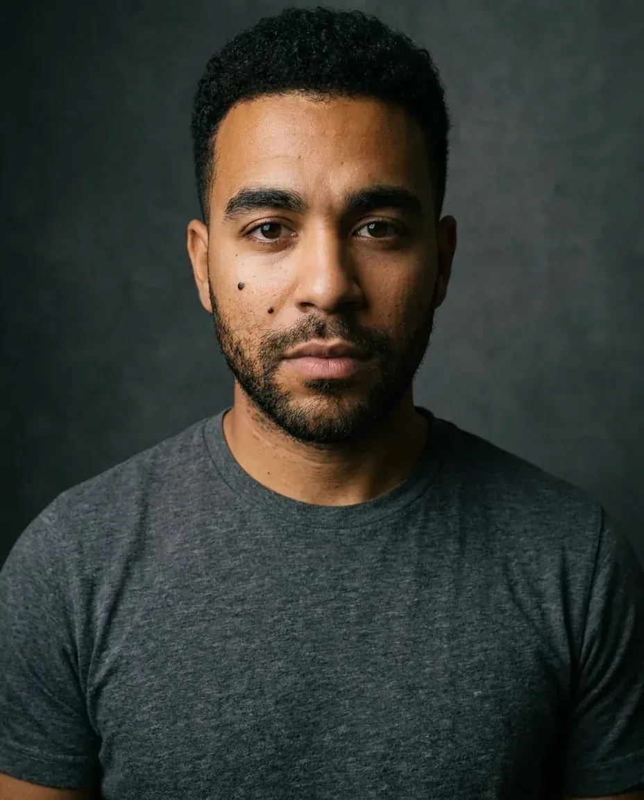 Theatrical actor headshot of the same man in a charcoal t-shirt with moody side light and a neutral expression