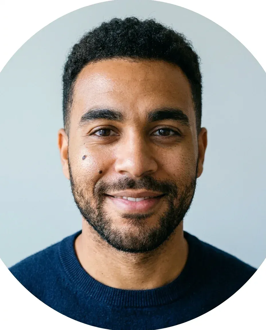 LinkedIn headshot of the same man in a navy sweater, smiling, framed in a circle on a light background