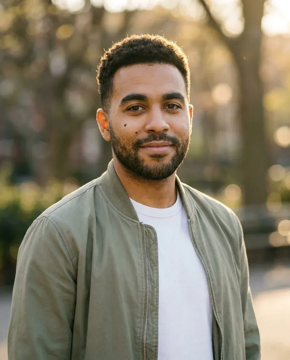 Outdoor headshot of the same man in an olive bomber jacket in a park at golden hour
