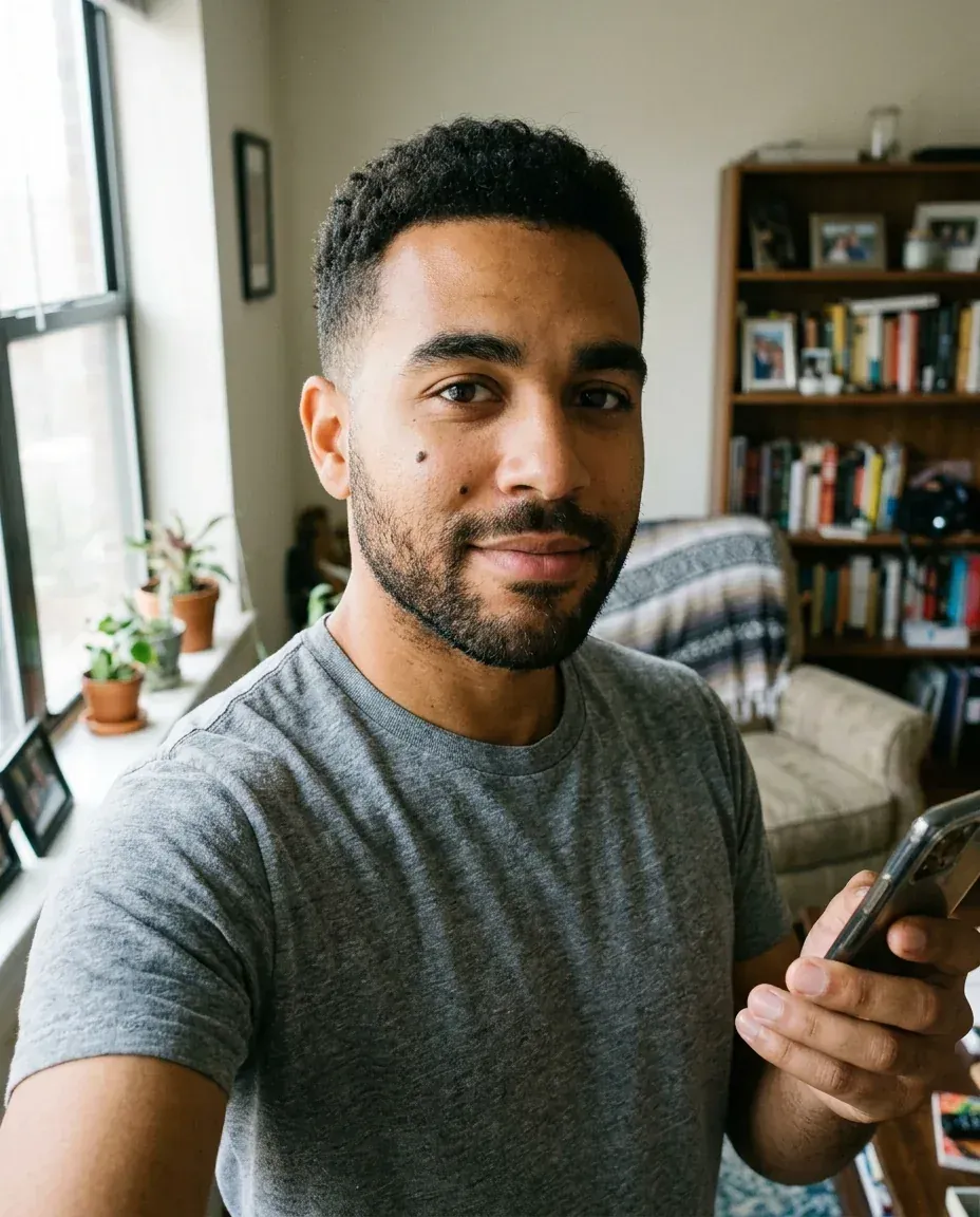 Synthetic smartphone selfie of a fictional man with curly hair, short beard and gray t-shirt by a window