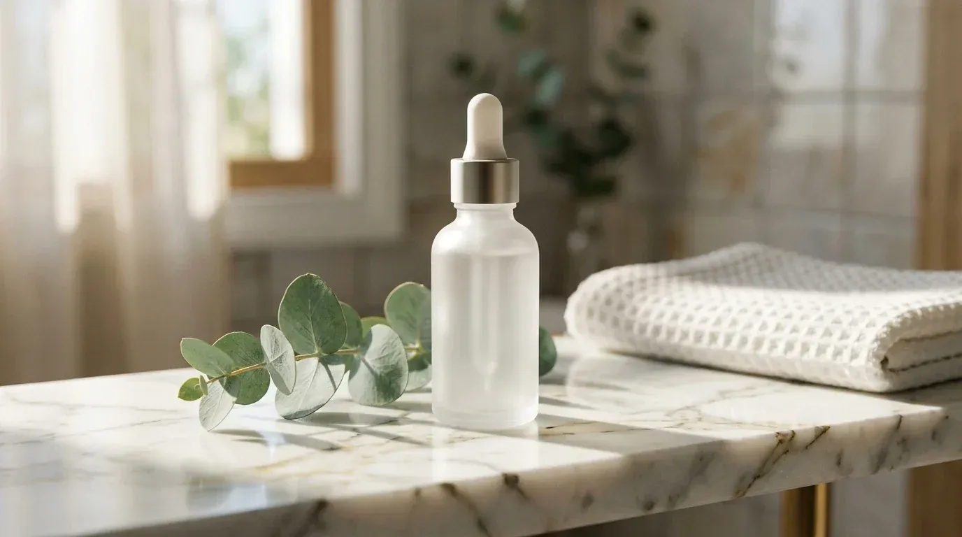 Serum bottle on a marble shelf, generated with Nano Banana 2.1
