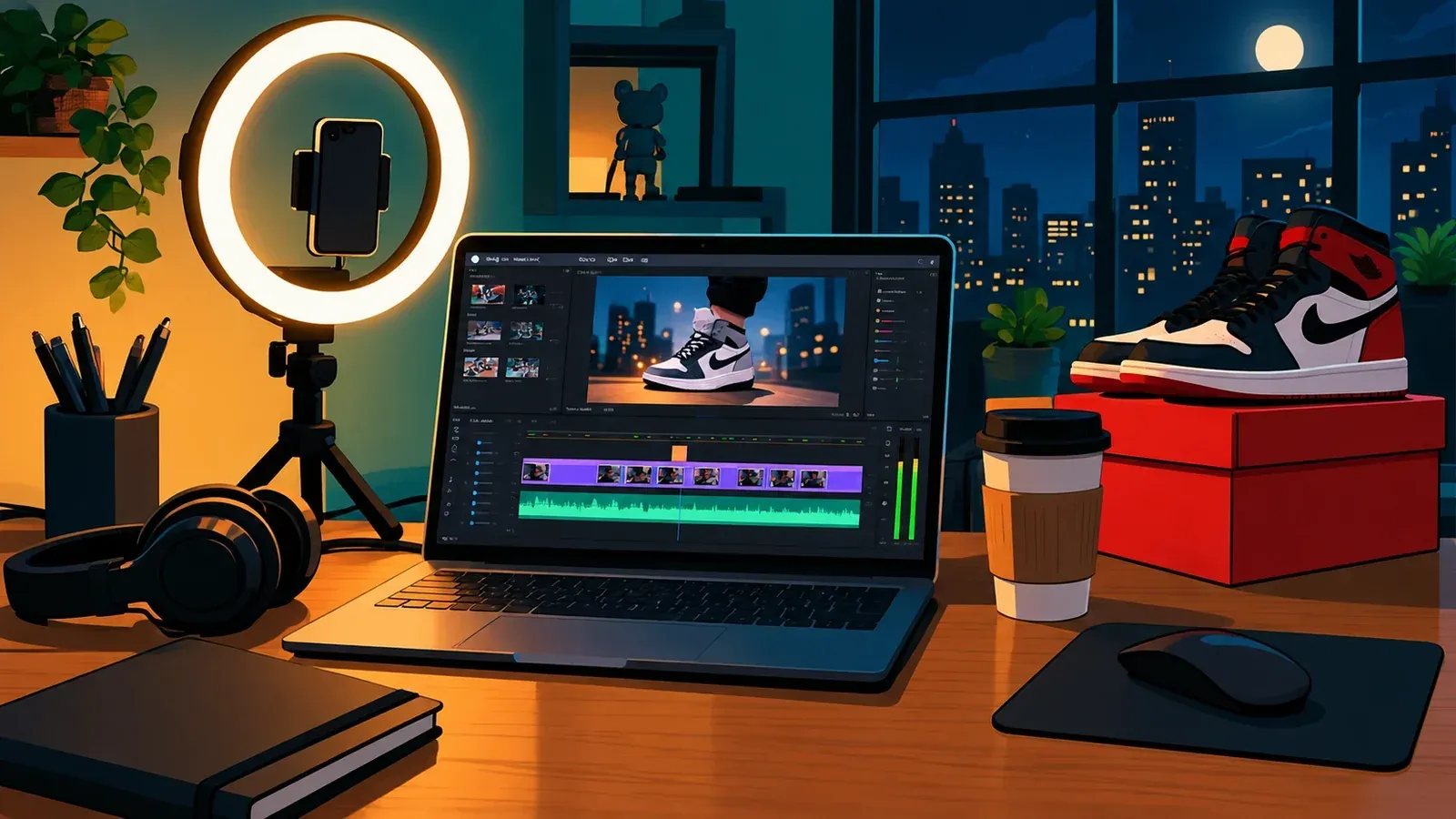 Flat illustration of a creator desk at night with laptop and ring light