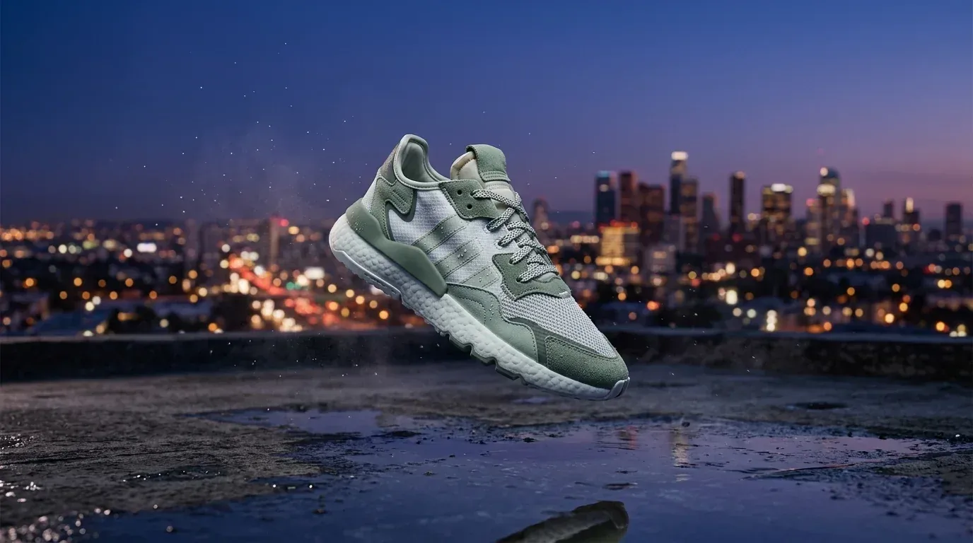 Running sneaker floating above a wet rooftop at blue hour, generated with Nano Banana 2.1
