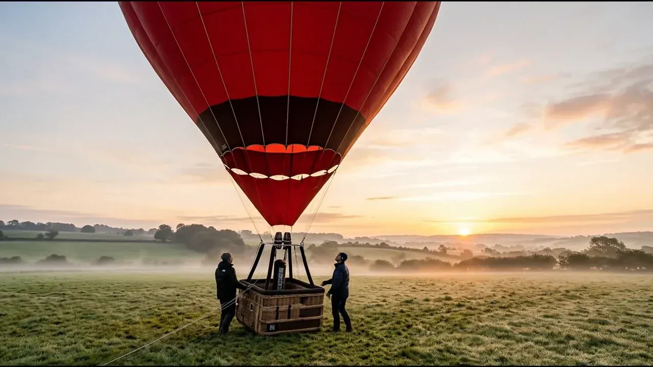 A hot air balloon swelling upright over a misty meadow at sunrise, a Veo 3.1 Fast image-to-video clip made on Omnely
