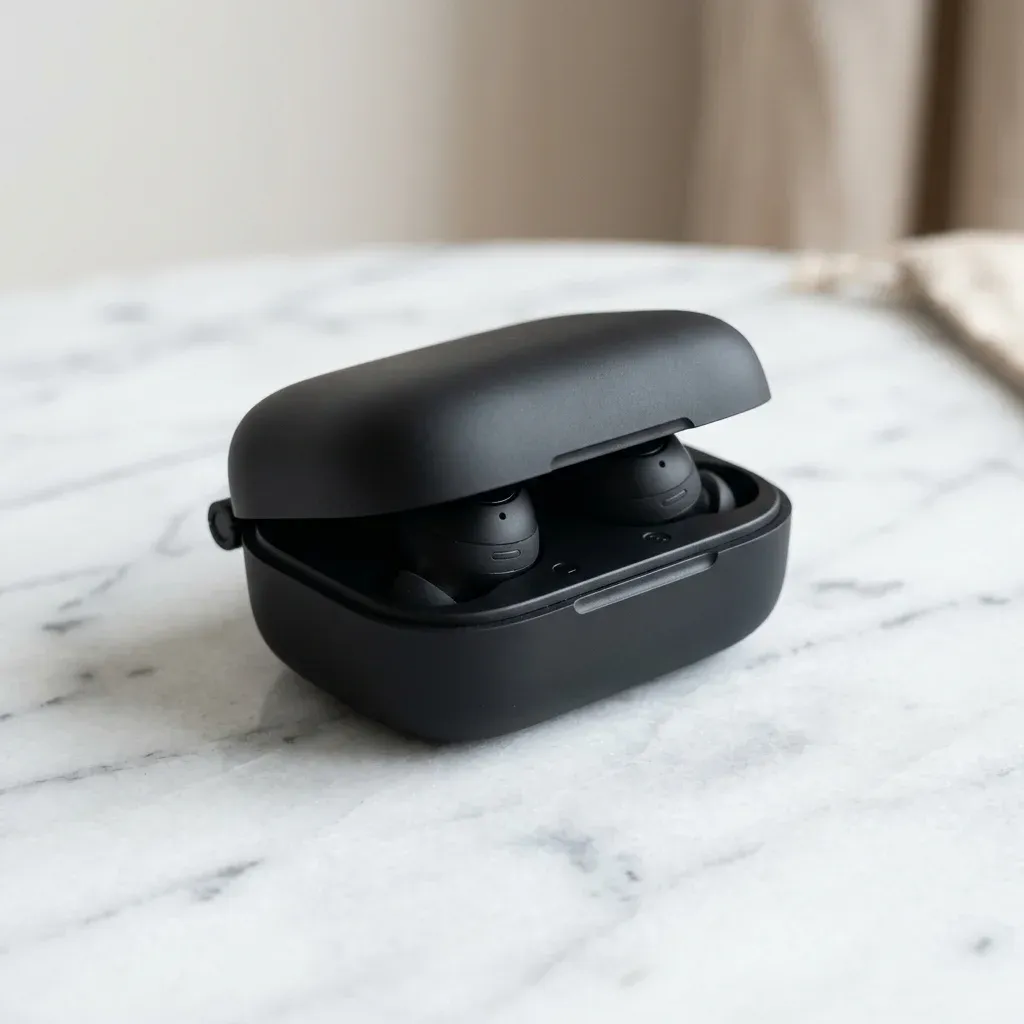 Start frame for how to use grok imagine image-to-video: matte black earbud case on marble