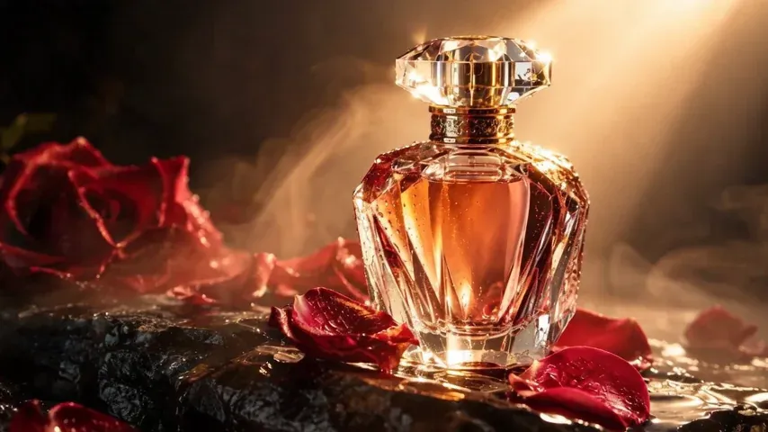 Frame from the Seedance 2.5 clip, perfume bottle with mist